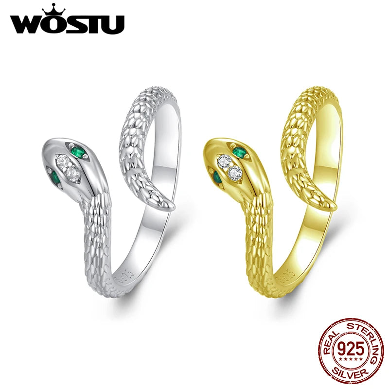 WOSTU 925 Sterling Silver 18k Gold Vintage Snake Open Ring For Women Green CZ Animal Stackable Party Rings Birthday Jewelry Gift