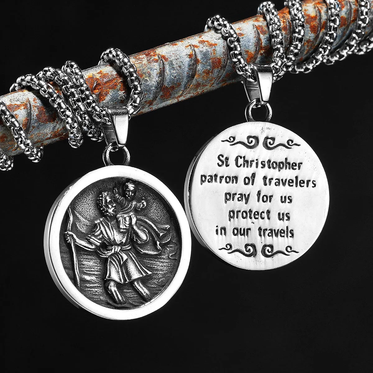 St Christopher Necklace Pray Pendants 316L Stainless Steel Powerful Amulet Men Chain Rock Retro for Biker Male Jewelry Xmas Gift