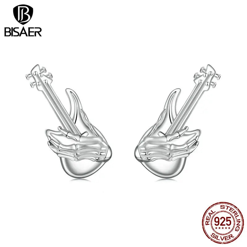 Boucles d'oreilles à tige en argent sterling 925 BISAER en forme de mini tête de mort plaquée or blanc pour les amateurs de musique, bijoux fins originaux, cadeau
