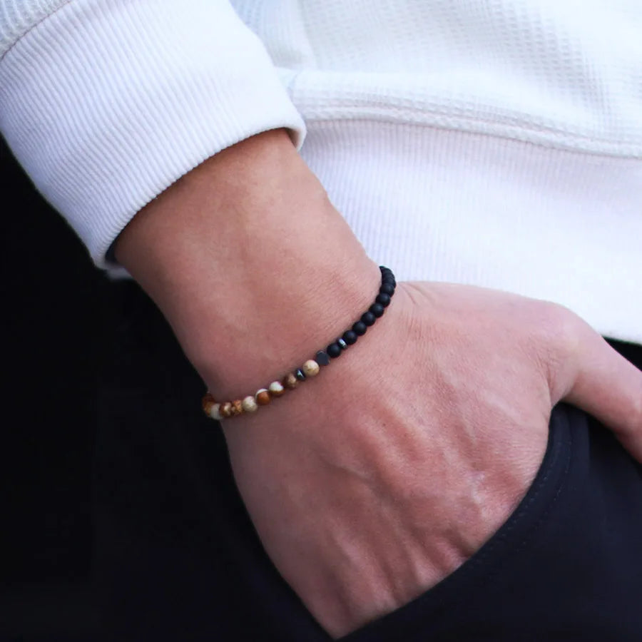 Minimalist Men Cross Bracelet Bicolor Black White 4mm Beads Strand Braslet Volcanic Rock Turquoises Stone Energy Healing Braclet