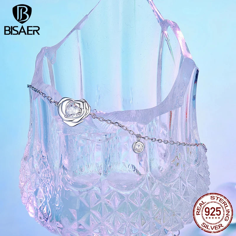 BISAER 925 Sterling Silber Herz Rose Armband Einstellbar Charm Kette Vergoldet für Frauen Party Edlen Schmuck EFB200