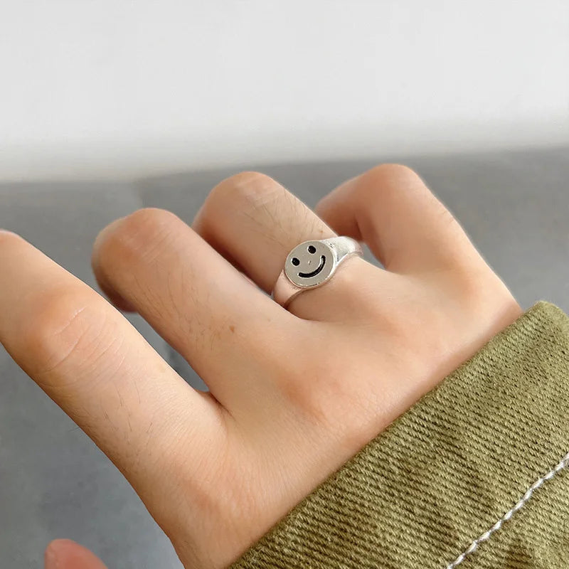 Retro Smile Face Ring For Men Women Silver Color Punk Gothic Rock Hiphop Open Ring Handmade Designer Jewelry Unisex Accessories