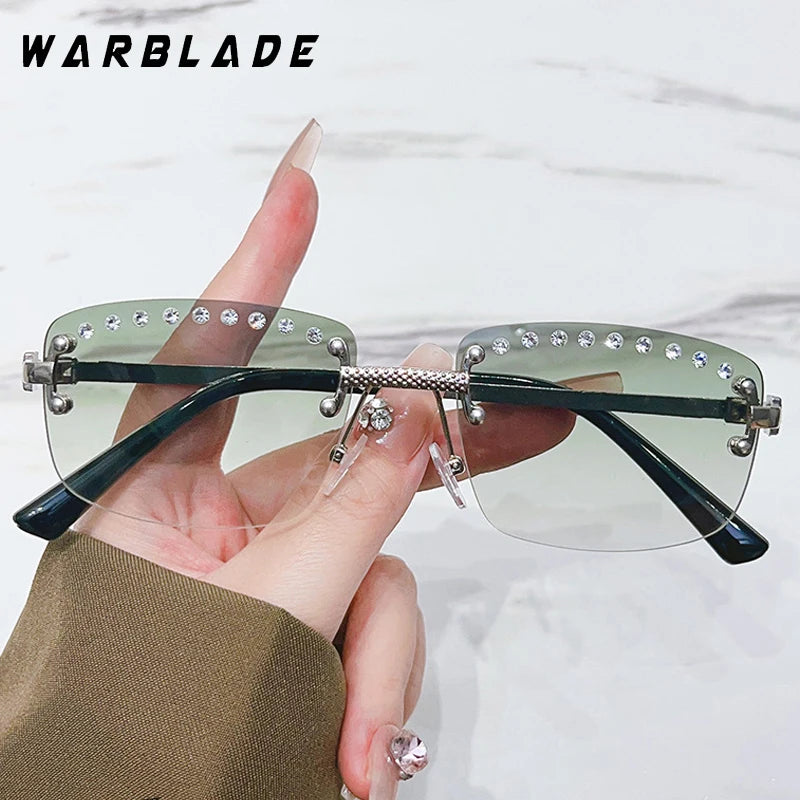 Unisex Rimless Rectangular Sunglasses Diamond Metal Small Square UV400 Gradient Lens Outdoor Punk Eyewear For Men Women UV400