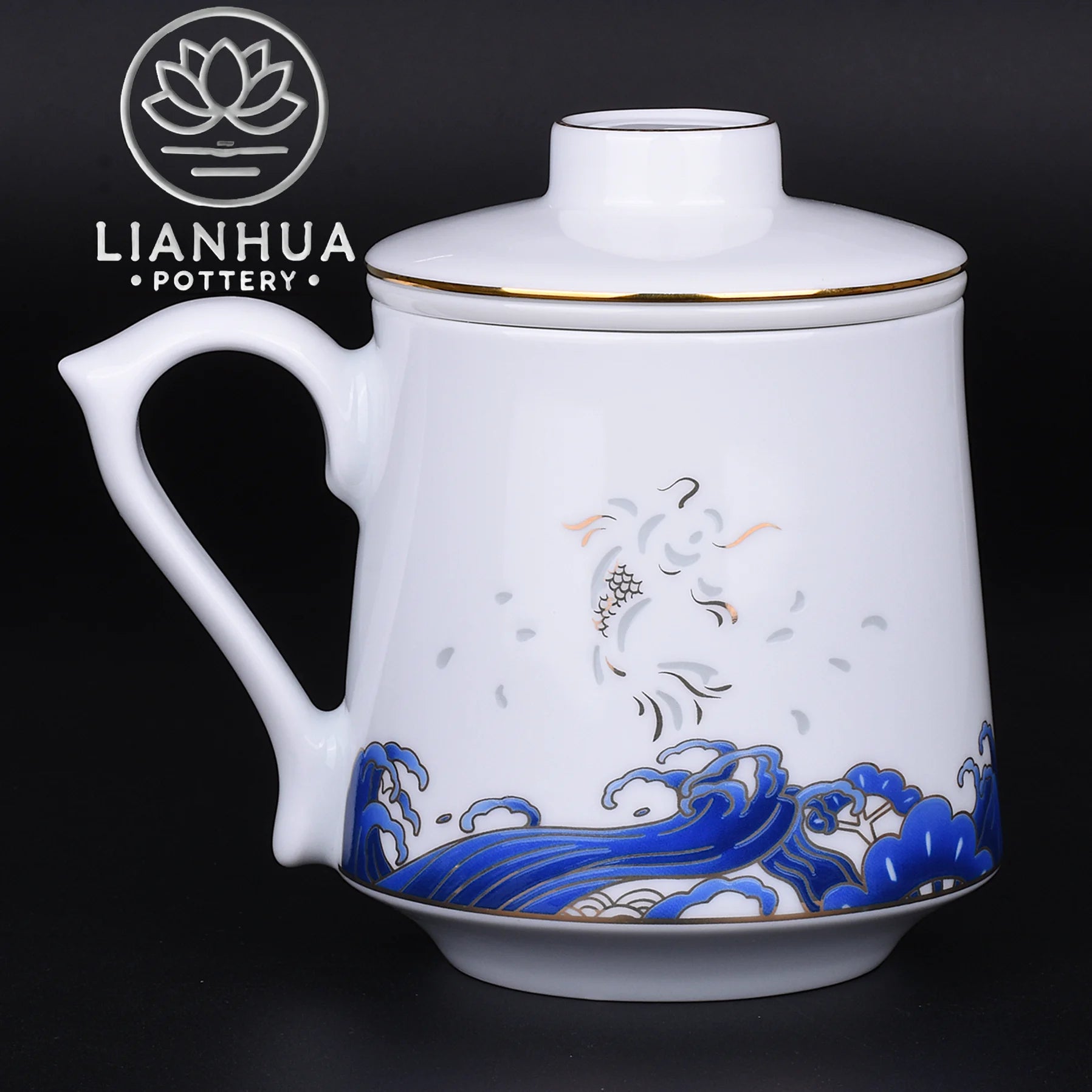 LIANHUA POTTERY Linglong Porcelain Mug with Tea Strainer Handcrafted Pierced Golden Koi and Blue Wave Cup Luxury Anniversar Gift
