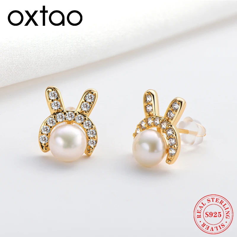 Cute Freshwater Pearl Rabbit Earrings For Women 6-6.5Mm 14K Gold Bag Women Children'S Birthday Party Jewelry Gift
