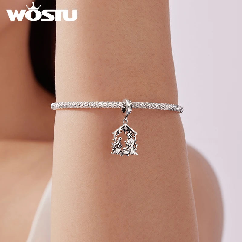 WOSTU 925 Sterling Silver Jesus Nativity Scene Charm The Birth Of Jesus Pendant Fit Bracelet Necklace Making DIY Unqiue Gift