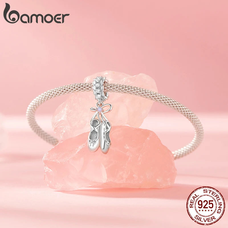 BAMOER Charm-Perle „Ballettschuh“ aus massivem 925er Sterlingsilber, passend für originale Armbänder und Halsketten, Schmuck zum Selbermachen, Bamoer-Charm SCC2937