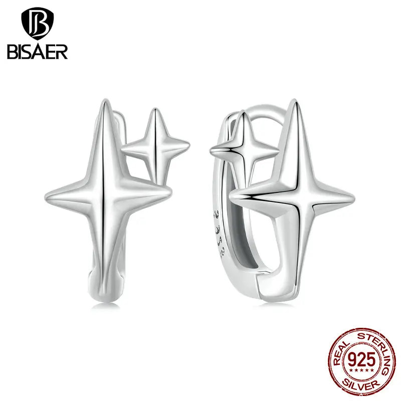 BISAER Boucles d'oreilles créoles en argent sterling 100 % 925 avec étoiles de rêve pour femme, bijoux de fête, de mariage, de fête, EFE1076