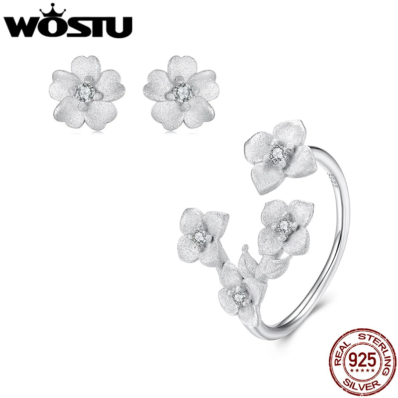 WOSTU 925 Sterling Silver Frosted Flower Open Ring AAA Zircon Flower Stud Eearrings Wedding Set Valentine luxury Jewelry Gift
