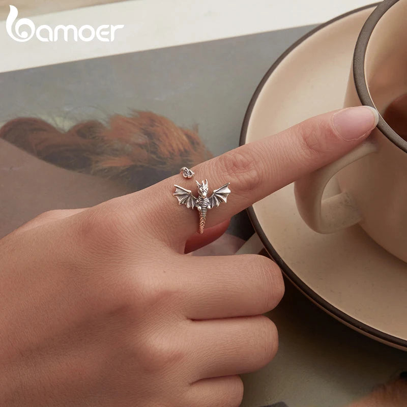 BAMOER 925 Sterling Silver Cute Dragon Open Ring, Dainty Stackable Rings Dragon Ring Chic Jewelry Gifts for Women SCR1133