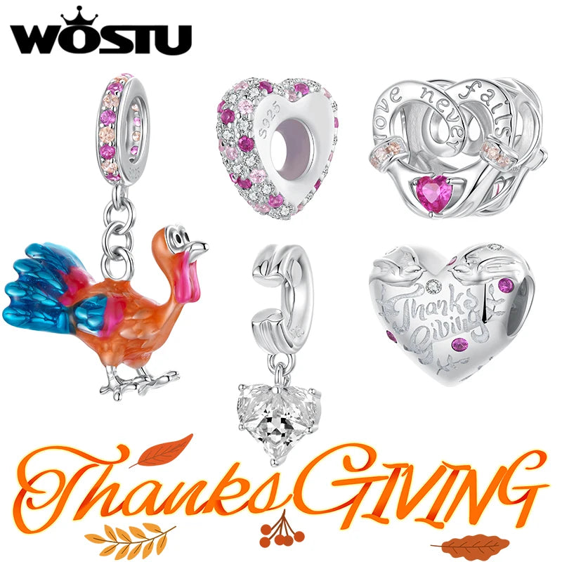 WOSTU 925 Silver Thanksgiving Colorful Turkey Pendant charm Heart Silicone Spacer Beads Fit for Bracelet Making Unique DIY Gift