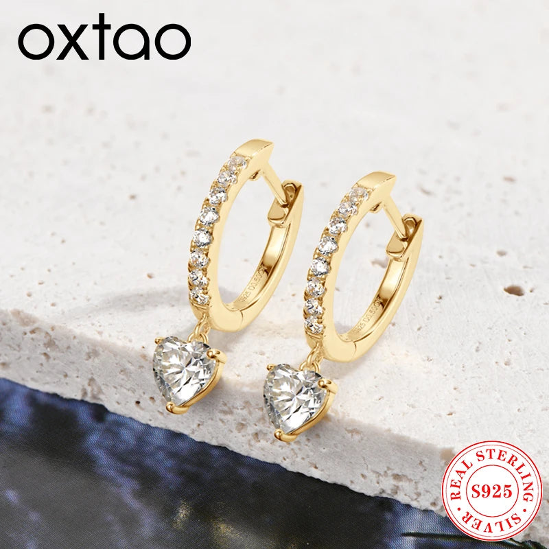 OXTAO Heart Shaped Pendant Earrings Female 925 Sterling Silver D Color Moissanite Dangle Hoop Earrings Wedding Jewelry Gift