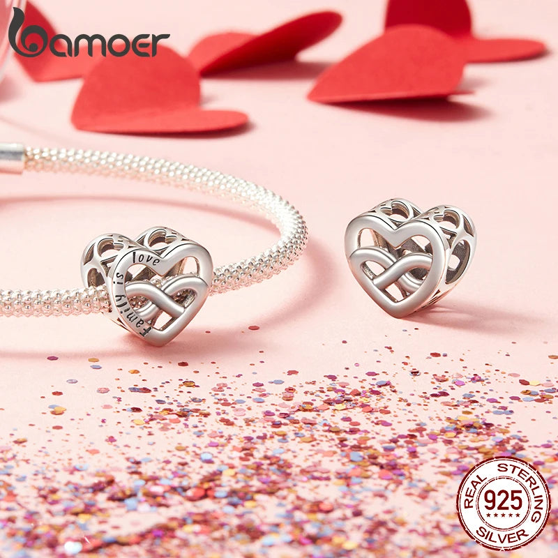 BAMOER Solid 925 Sterling Silver Forever Love Charm Bead fit Original Bracelet & Necklaces Jewelry DIY Hollow Heart-Shaped Charm