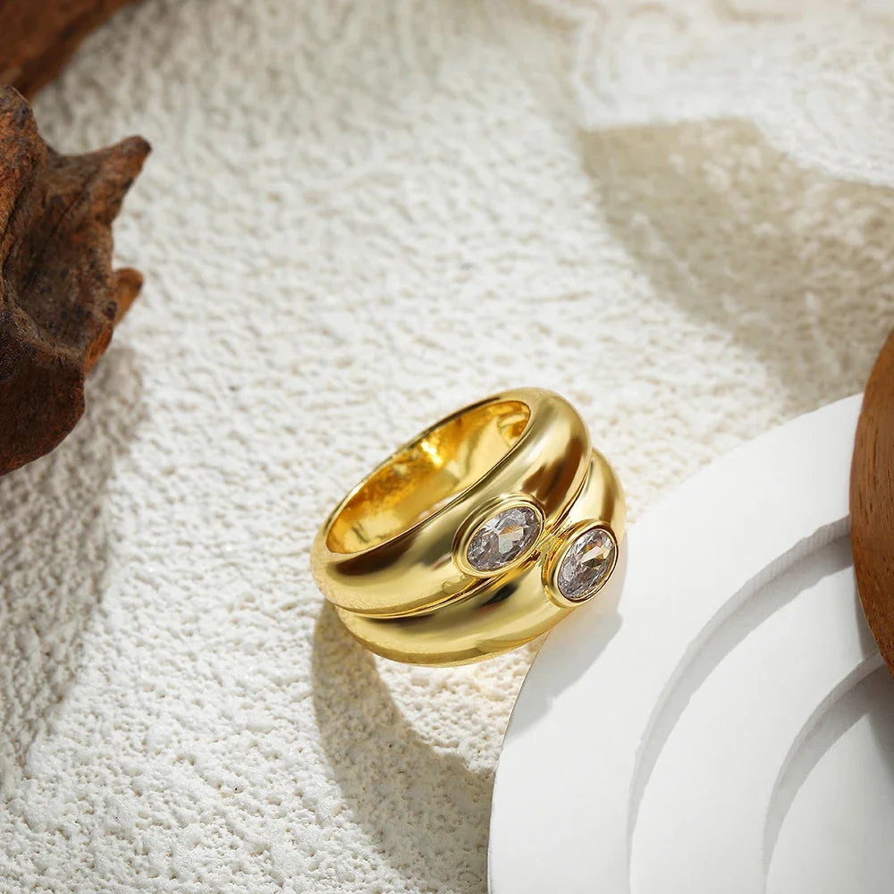 Vintage Double Round Circle Polished Gold Plated Zircon Knuckle Ring Anti Allergic Metal Stainless Steel Teardrop Crystal Rings