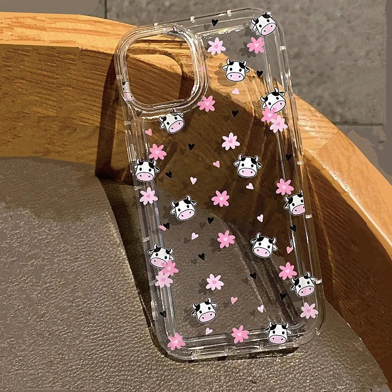 Cute Cartoon Flowers Cow Print Clear Phone Case For iPhone 11 12 13 14 15 16 Pro Max Mini XR XS X 7 8 Plus SE2020 Silicone Cover