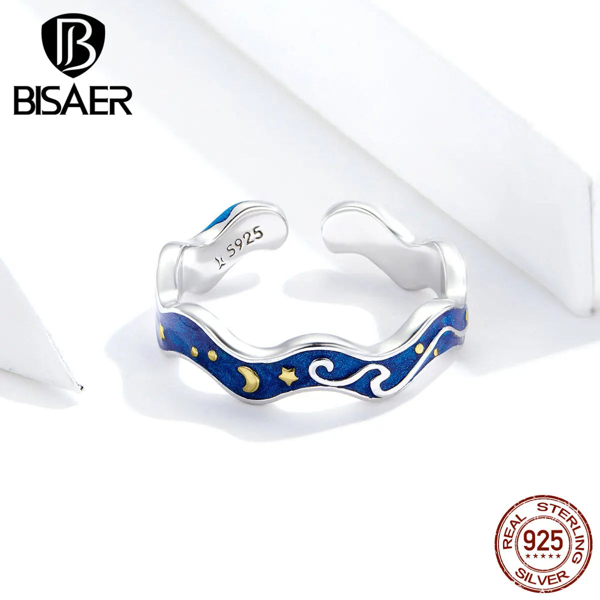 Bague BISAER en argent sterling 925 avec ciel étoilé bleu de Van Gogh pour couple amoureux, design de bande ouverte, accessoires de bijoux ECR608