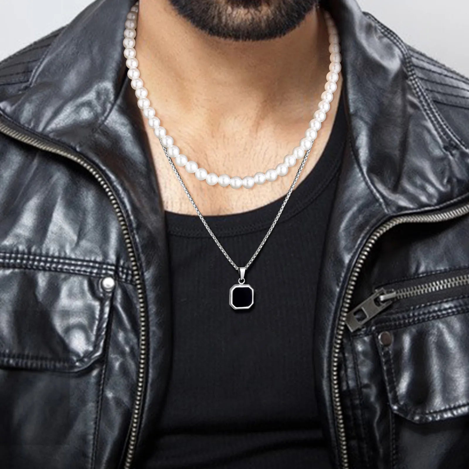 Vnox 2pcs Necklaces Set for Men, Geometric Square Pendant with 55cm Rope Box Cuban Chain, Simulated Pearl Chain Steel Collar