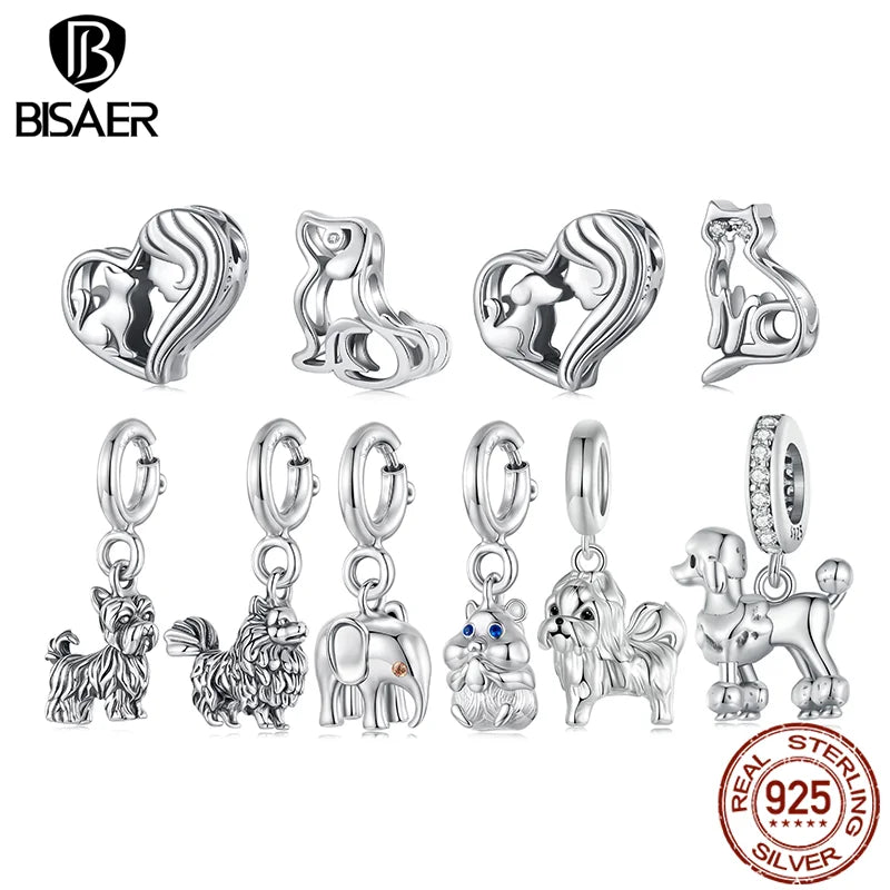 BISAER 925 Sterling Silver Pet Dog Charm Cute Cat Bead Hamster Elephant Animal Pendant For Women DIY Bracelet Fine Jewelry Gift