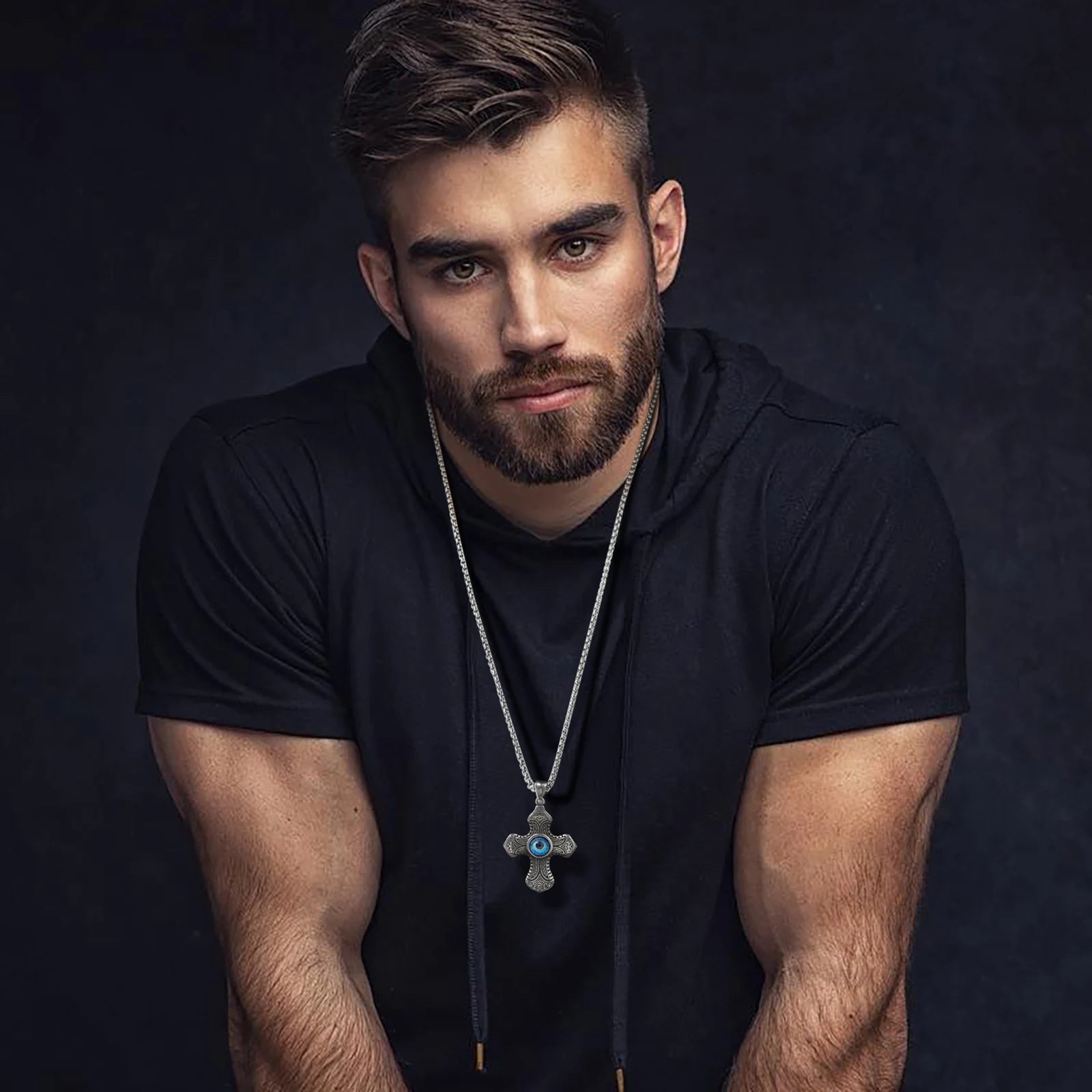 Vnox Vintage Turkish Evil Eye Centered Cross Necklaces for Men Boys, Punk Ethnic Tribal Textured Cross Pendant Collar