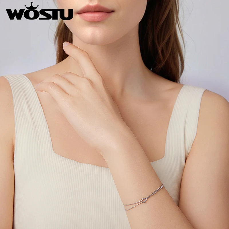 WOSTU Real 925 Sterling Silver Love Knot Bracelets for Women Couple s925 Silver Cube punk Chain Charm Bracelet