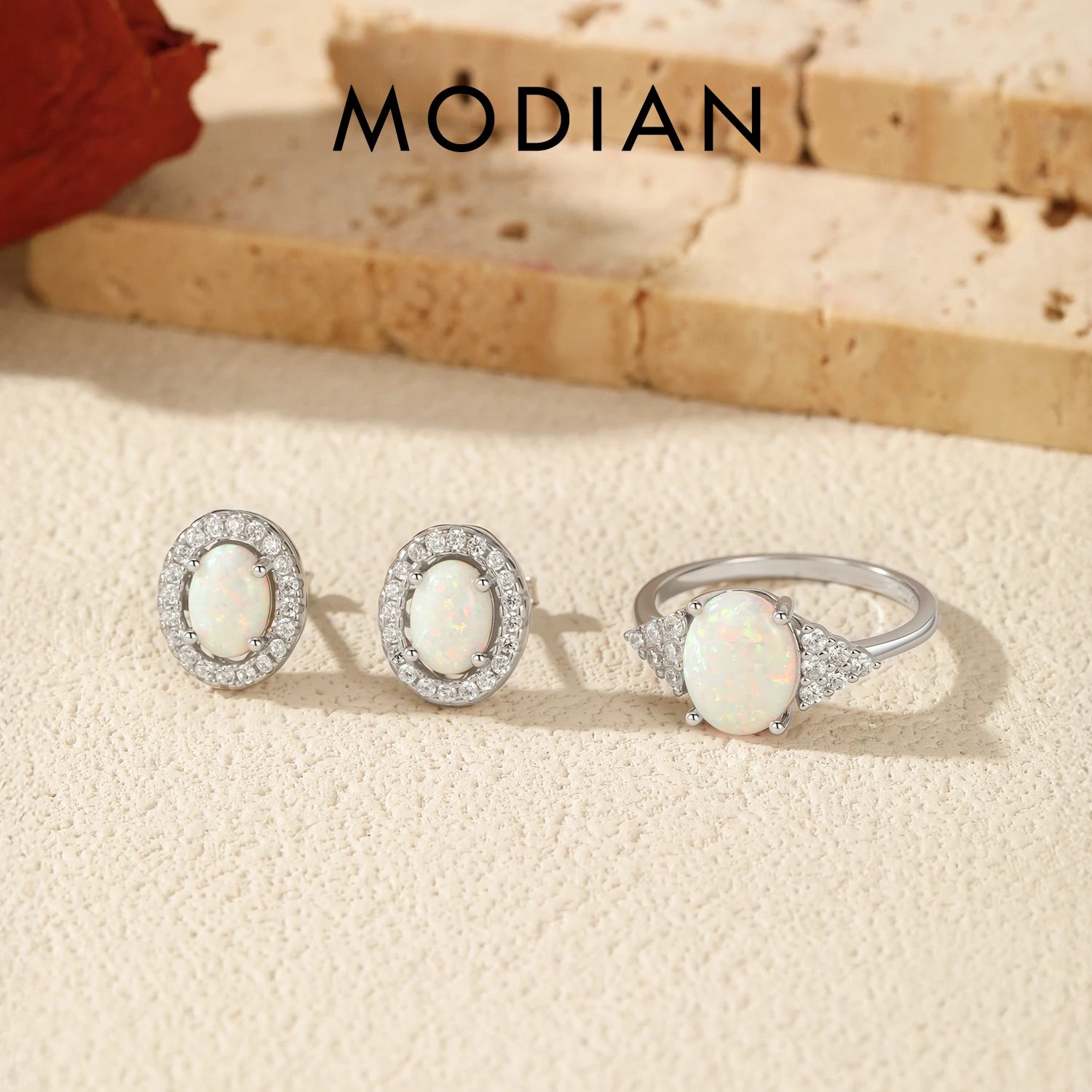 MODIAN 925 Sterling Silver Oval Ear Studs Fashion Elegant Opal Finger Rings For Women Office Fine Jewelry Sets