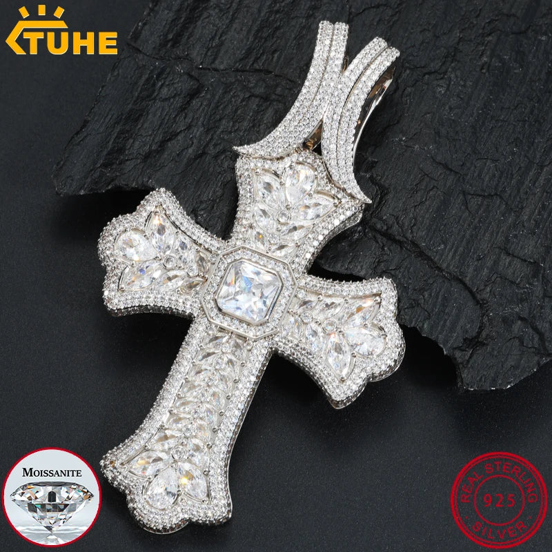TUHE Unisex High Quality Classic Cross Pendant Mossanite Sterling Silver 925 Pendants For Men Women Hip Hop Jewelry