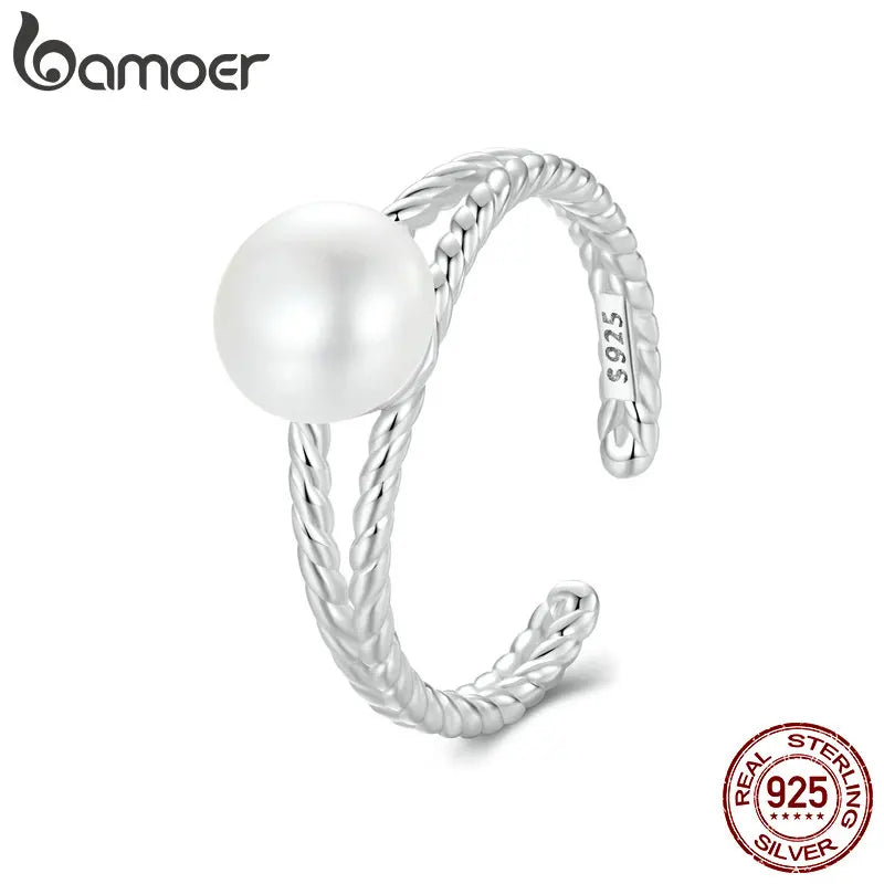 BAMOER 925 Sterling Silber Perlenringe für Frauen, verstellbare offene Drehringe für Teenager-Mädchen, stapelbarer Ring mit Süßwasserperlen