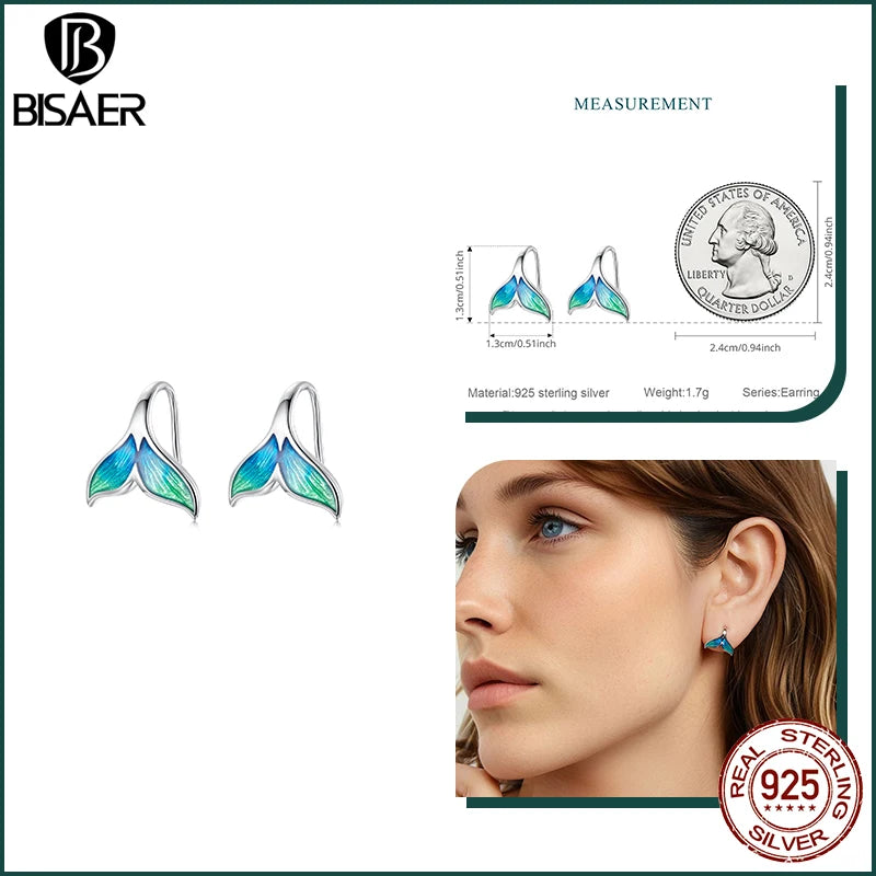 BISAER 925 Sterling Silver Turtle Stud Earrings Ice Cream Starfish Mermaid Hoop Earrings for Party Fine Jewelry Holiday Gift