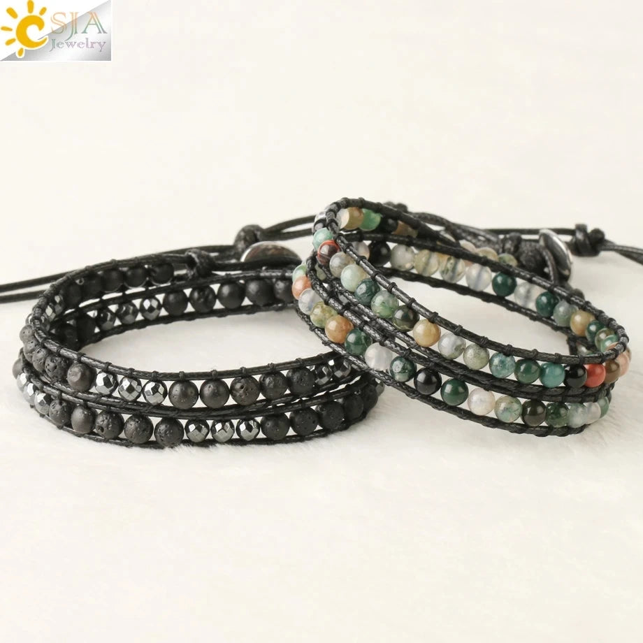 CSJA Turquoise Man Bracelet Bohemian Handmade Braides Bangle Indian Agate Crystal Beaded Double Layer Bracelets Women Homme S625