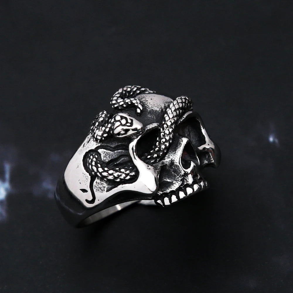 Gothic Vintage Stainless Steel Skull Snake Ring For Men Women Punk Hip Hop Unique Skull Rings Fashion Creative Jewelry Gifts