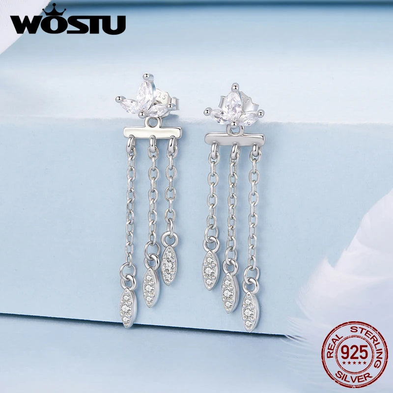 WOSTU 925 Silver Long Drop Chain Tassel Earrings with Clear Zircon, Hypoallergenic Front Back Earrings Women Wedding Party Gift