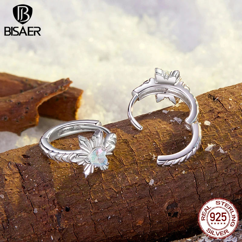 BISAER Boucles d'oreilles créoles en argent sterling 925 véritable avec fleur de glace pour femme, bijoux fins originaux, cadeau d'hiver