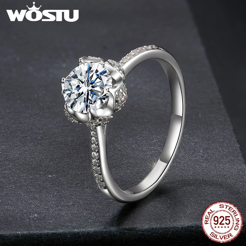 WOSTU 1CT Moissanite Ring Floral Core White Gold Luxury Original 925 Sterling Silver For Women Engagement Wedding Fine Jewelry