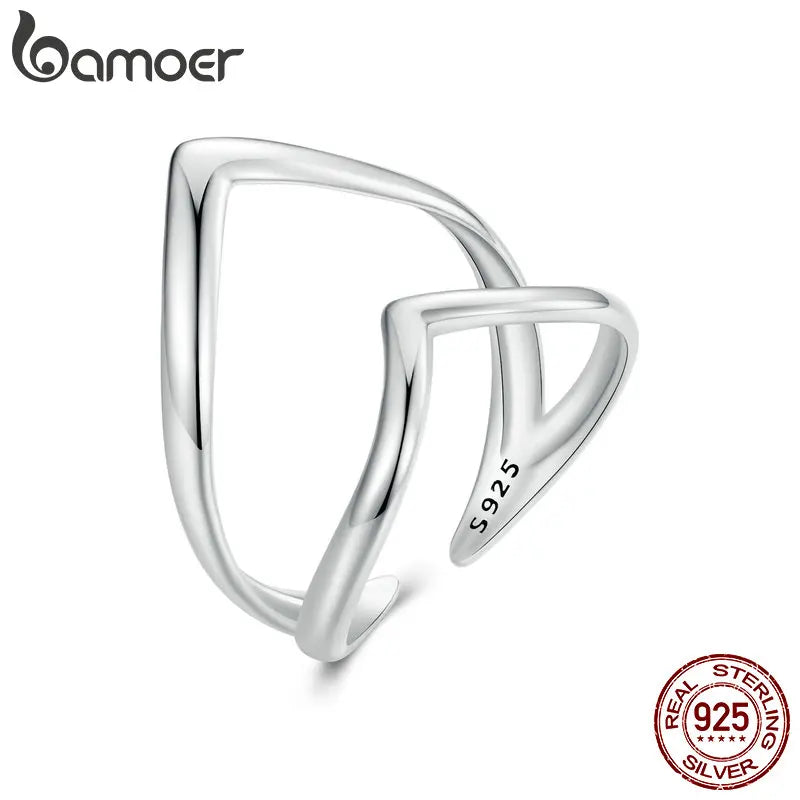 BAMOER 925 Sterling Silber Punk Stil V-förmiger Öffnungsring Doppellagiger verstellbarer Ring Schlichter edler Schmuck für Frauen SCR981-E