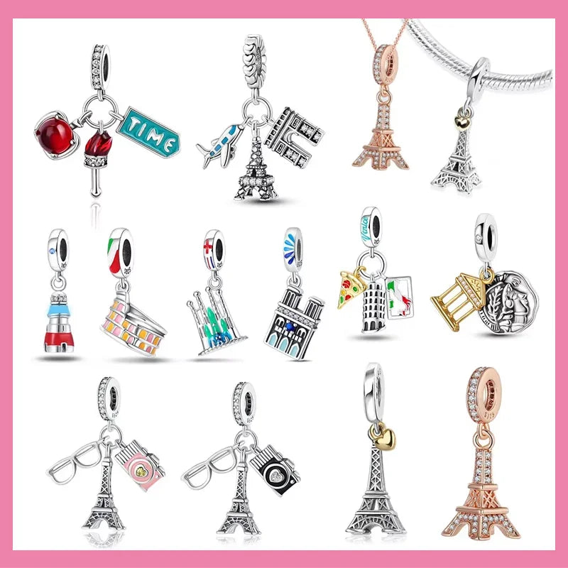 Creative 925 Sterling Silver Eiffel Tower Gold Heart Double Charm Fit DlY Bracelet Necklaces Women's Dating Jewelry Accessories