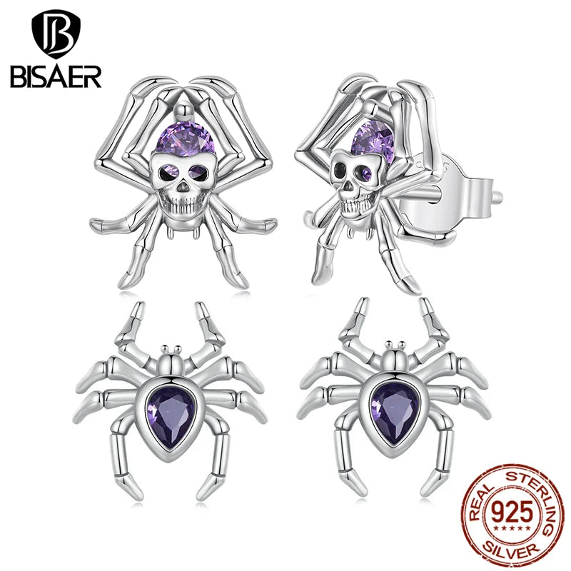 BISAER Skull Spider Stud Earrings 925 Sterling Silver Retro Spider Hypoallergenic Stud Ear for Women Fine Jewelry Halloween Gift