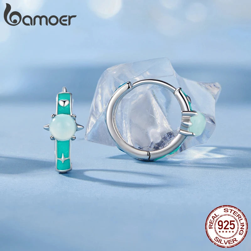 BAMOER 925 Sterling Silver Green Planet Hoops Earrings, Lightweight White Gold Plated Hoop Earrings for Women SCE1802