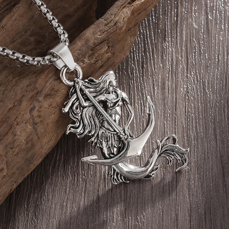 Vintage Nautical Mermaid Anchor Pendant Necklace Men's Sailor Fashion Statement Amulet Trending Accessory