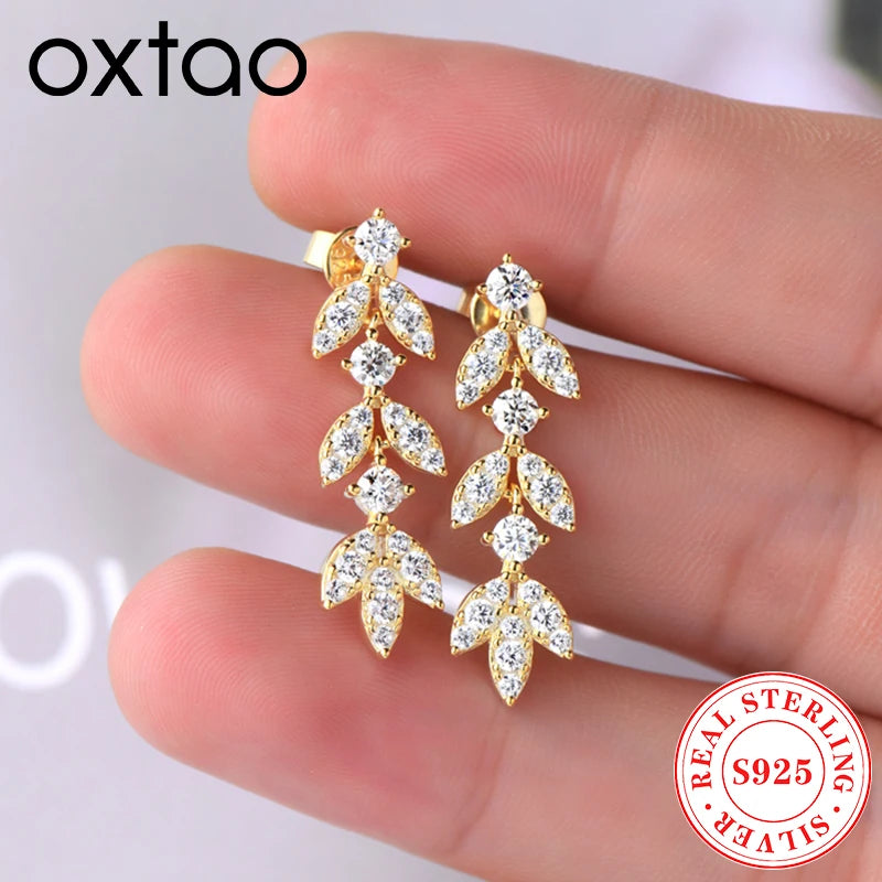 OXTAO Real 925 Silver Moissanite Leaf--Shape Earrings Hanging Tassel Earrings For Women High Quality Jewelry Length About 29mm