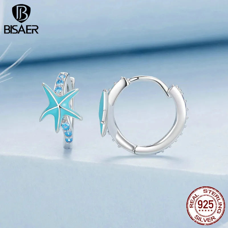 Boucles d'oreilles créoles en argent sterling 925 BISAER en forme d'étoile de mer avec zircon bleu plaqué platine pour femme, bijoux fins pour fête sur la plage