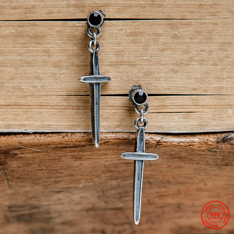 MKENDN Gothic 100% 925 Sterling Silver Creative Retro Cross Drop Earrings Punk Street Style Ear Pin for Men Women Fine Jewelry