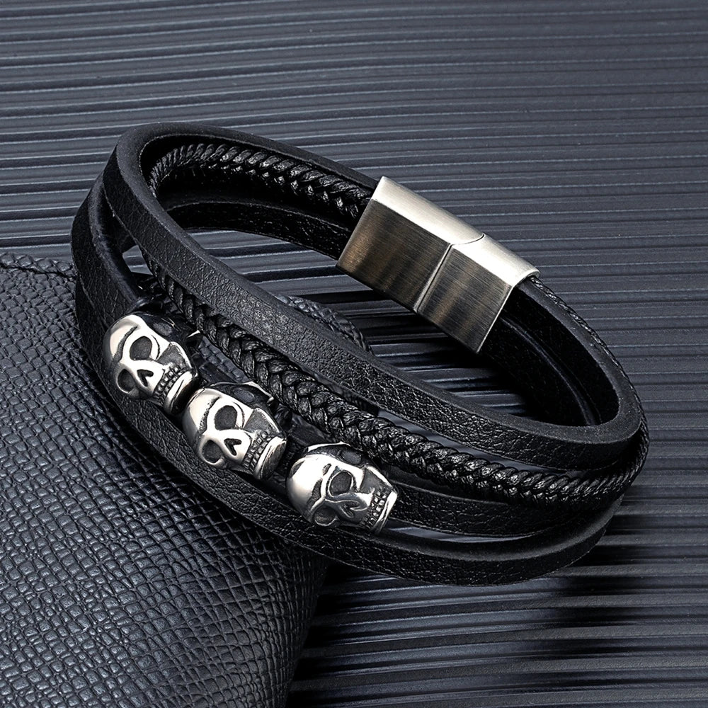 MKENDN Men Leather Bracelets Braided Rope Bangle Multilayer Retro Skull Beads Punk Unisex Jewelry Wristband Gifts