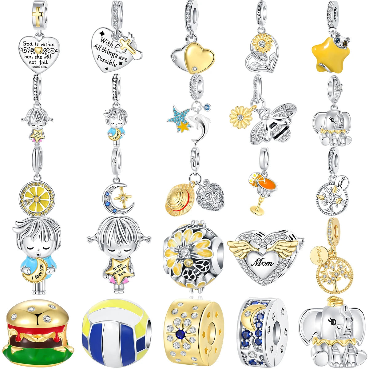 New 925 Sterling Silver Love Volleyball Elephant Gold Series Beads Charms Fit Original Pandora Bracelets Women Jewelry DIY Gift