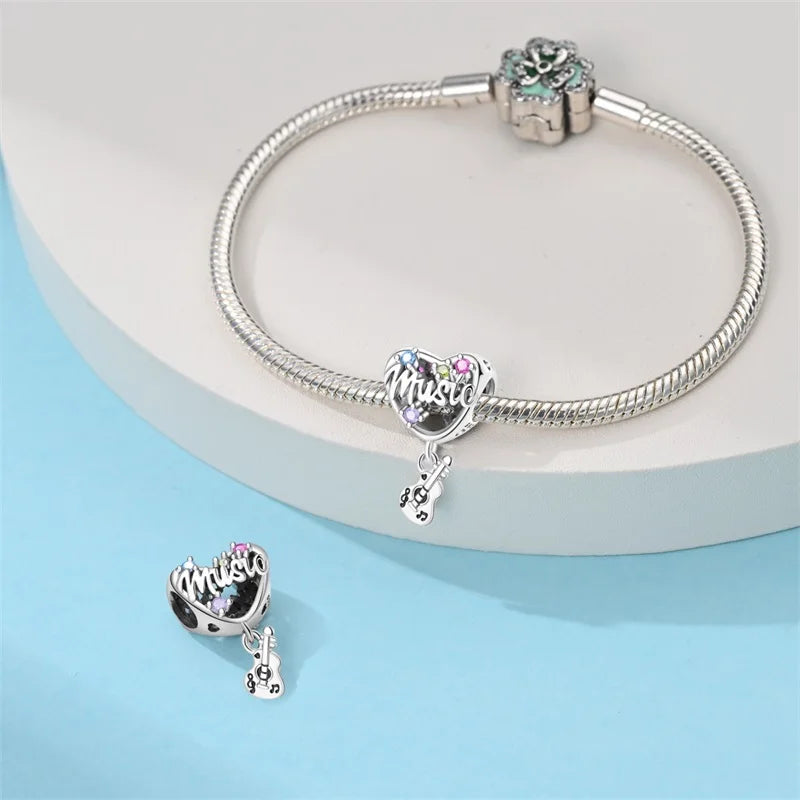 New 100% 925 Sterling Silver Butterfly Guitar Rock Musical Note Charms Beads Fit 3mm 925 Original Bracelets Fine DIY Jewelry