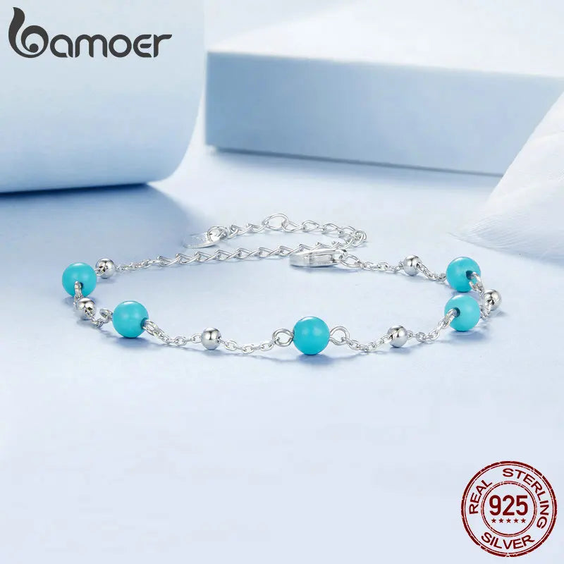 BAMOER 925 Sterling Silber Türkis Perlenarmband Gliederkette, Weißgold plattiert, zierliches handgefertigtes Schmuckgeschenk für Frauen