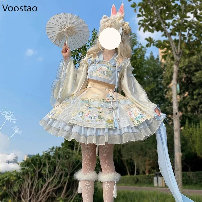Sweet Lolita Princess Dress Set Women Kawaii Cute Cartoon Rabbit Print Party Mini Dresses Girl Harajuku Y2k Long Sleeve Vestidos
