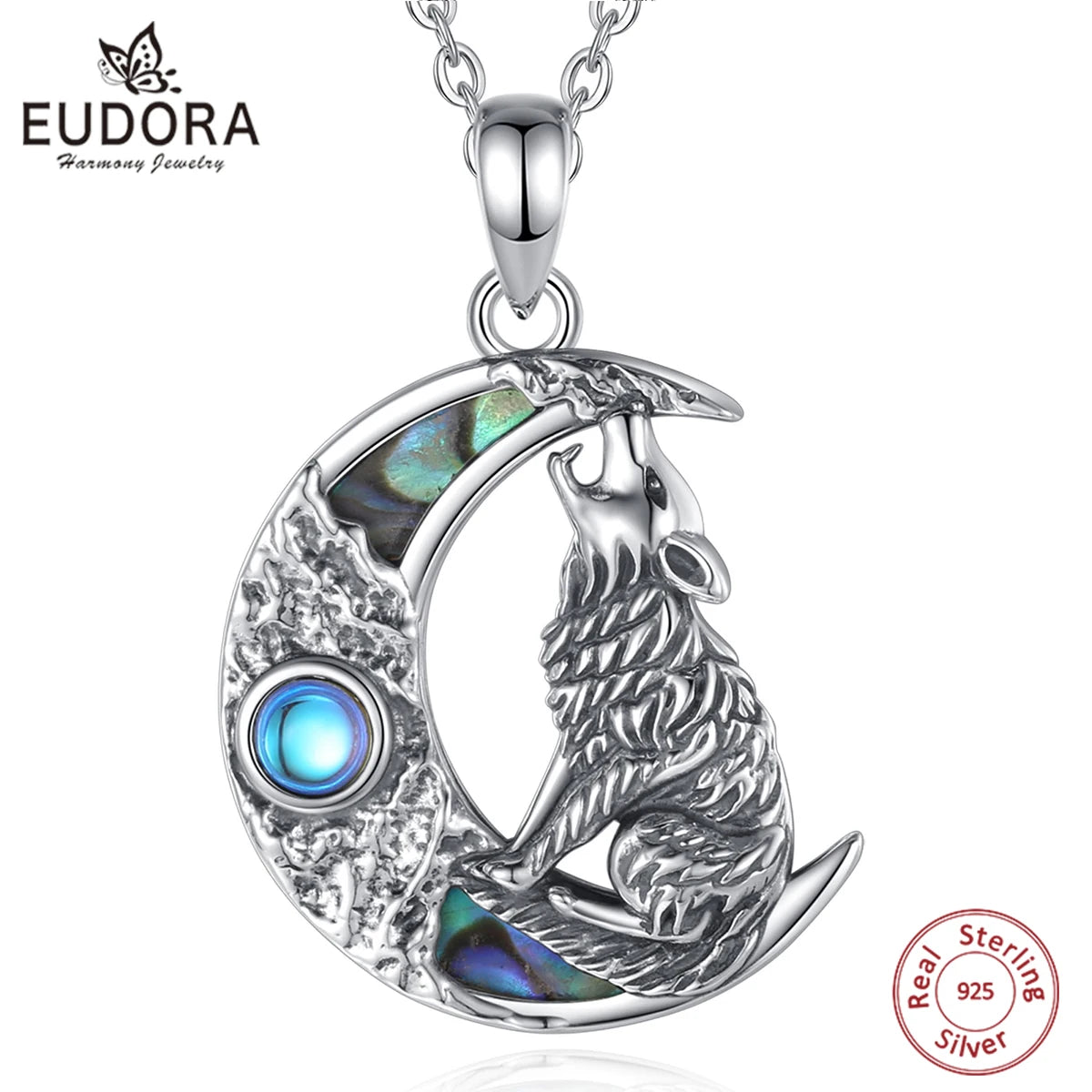 Eudora 925 Sterling Silver Wolf on the Moon Necklace for Women Man Natural Abalone Shell Viking Wolf Pendant Jewelry Party Gift