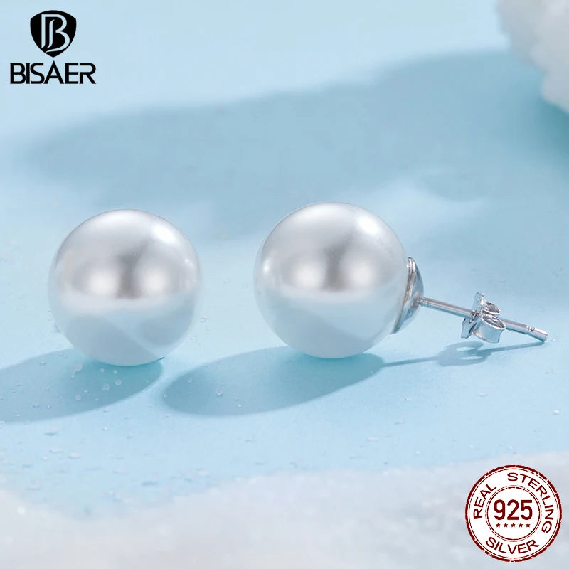 Boucles d'oreilles à tige en perles rondes BISAER 100 % argent sterling 925 plaqué or blanc pour femmes élégantes, bijoux fins originaux, cadeau de fête