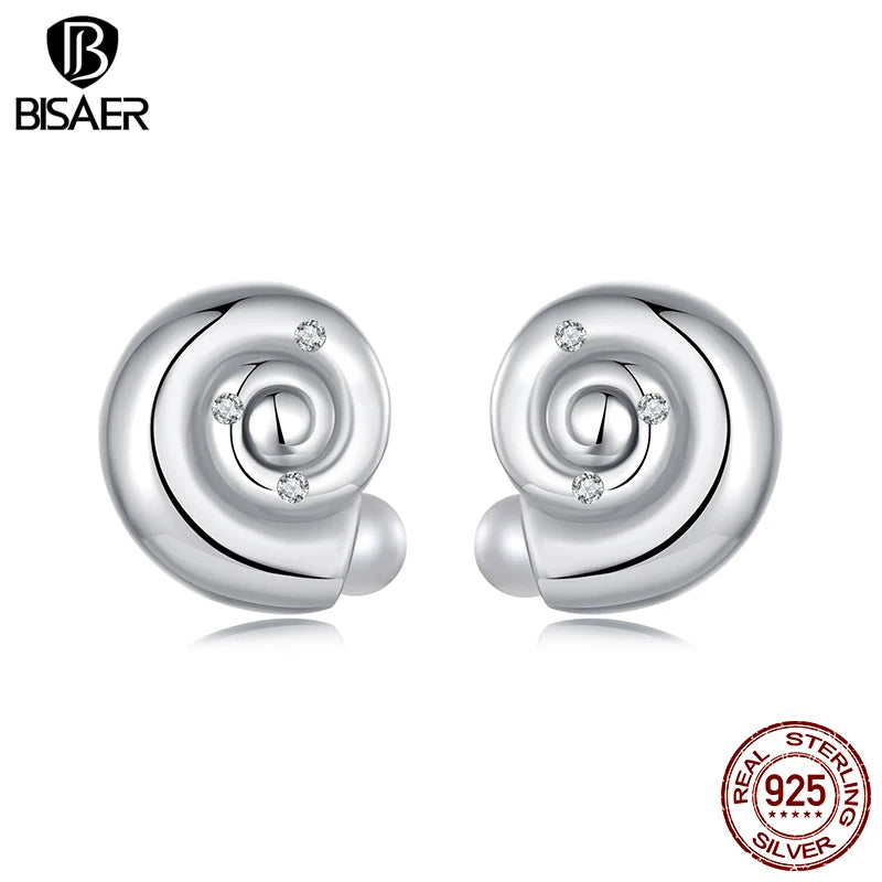 Boucles d'oreilles à tige en argent sterling 925 BISAER en forme de coquillage mignon symbole de l'éternité plaqué or blanc pour femmes bijoux fins