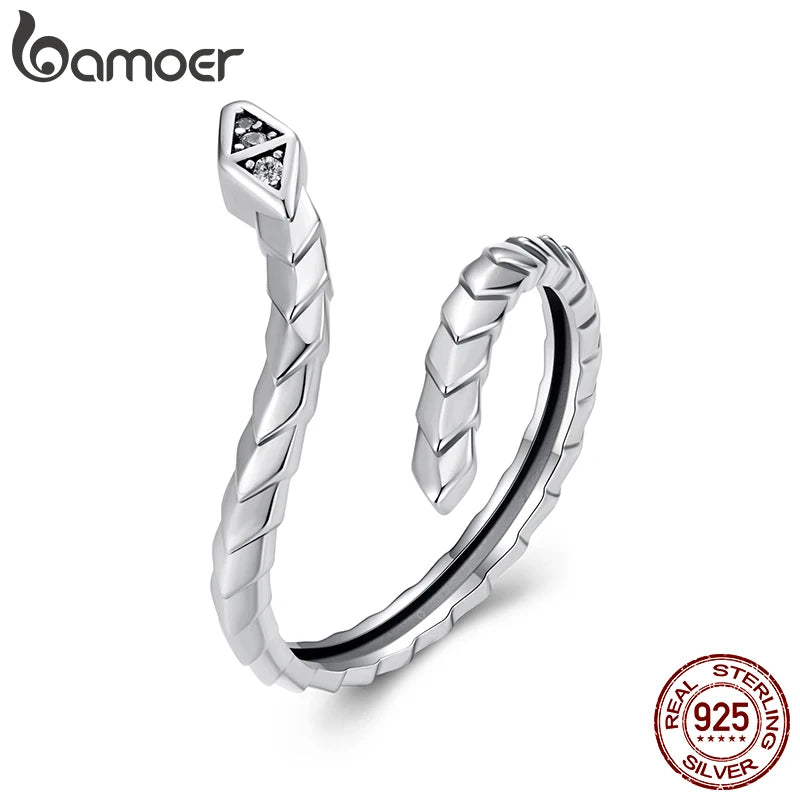 BAMOER Schlangenring aus 925er Sterlingsilber für Damen, verstellbarer Schlangen-CZ-Bandring, schickes Schmuckgeschenk BSR638-E